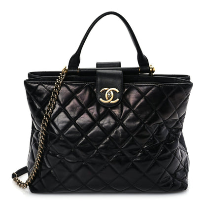 Chanel Glazed Calfskin Quilted Gold Bar Tote Black 1 of 4