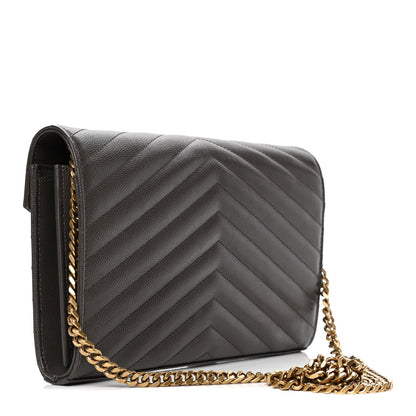 Saint Laurent Grain De Poudre Matelasse Chevron Monogram Chain Wallet Pebble 2 of 4