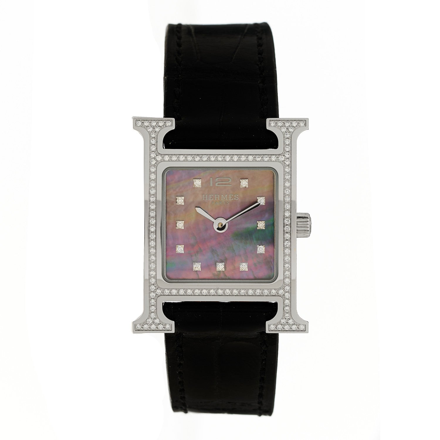 Hermes Stainless Steel Alligator Diamond Bezel Black Mother of Pearl 17.2mm Heure H Hour Quartz Watch Graphite 1 of 5