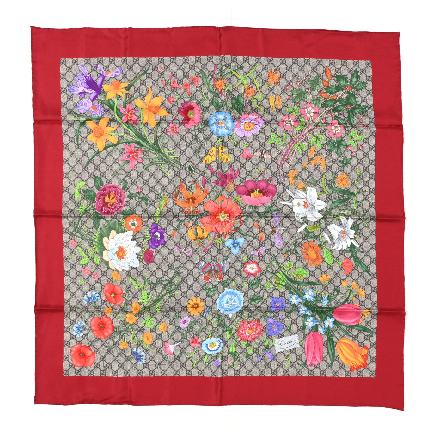 Gucci Silk Twill GG Monogram Special Florio Square Scarf Beige Red 4 of 24