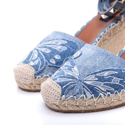 Valentino Garavani Denim Butterfly Embroidered Rockstud Ankle Wrap Espadrille 15/85mm Wedges 36 Light Denim 6 of 18