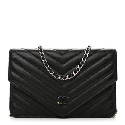 Chanel Sheepskin Chevron Wallet On Chain WOC Black 1 of 10