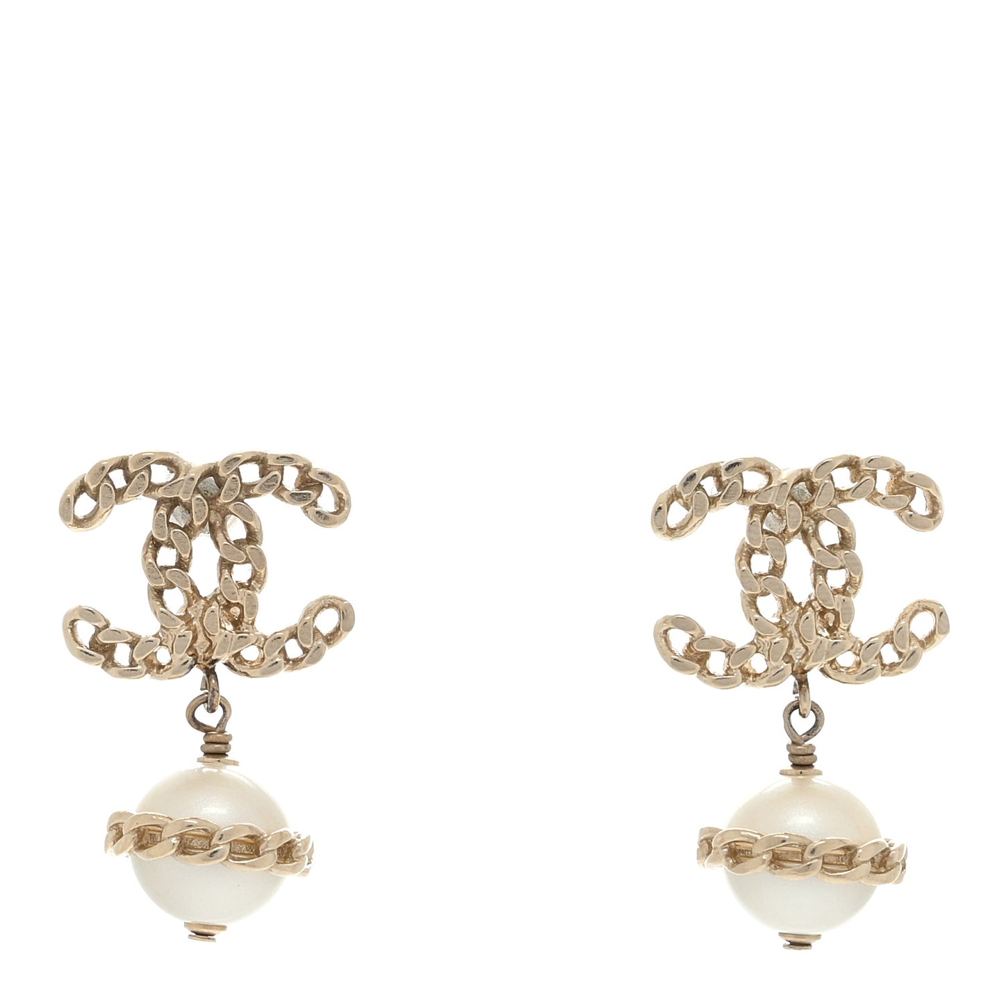 Metal Pearl CC Chain Drop Earrings Gold