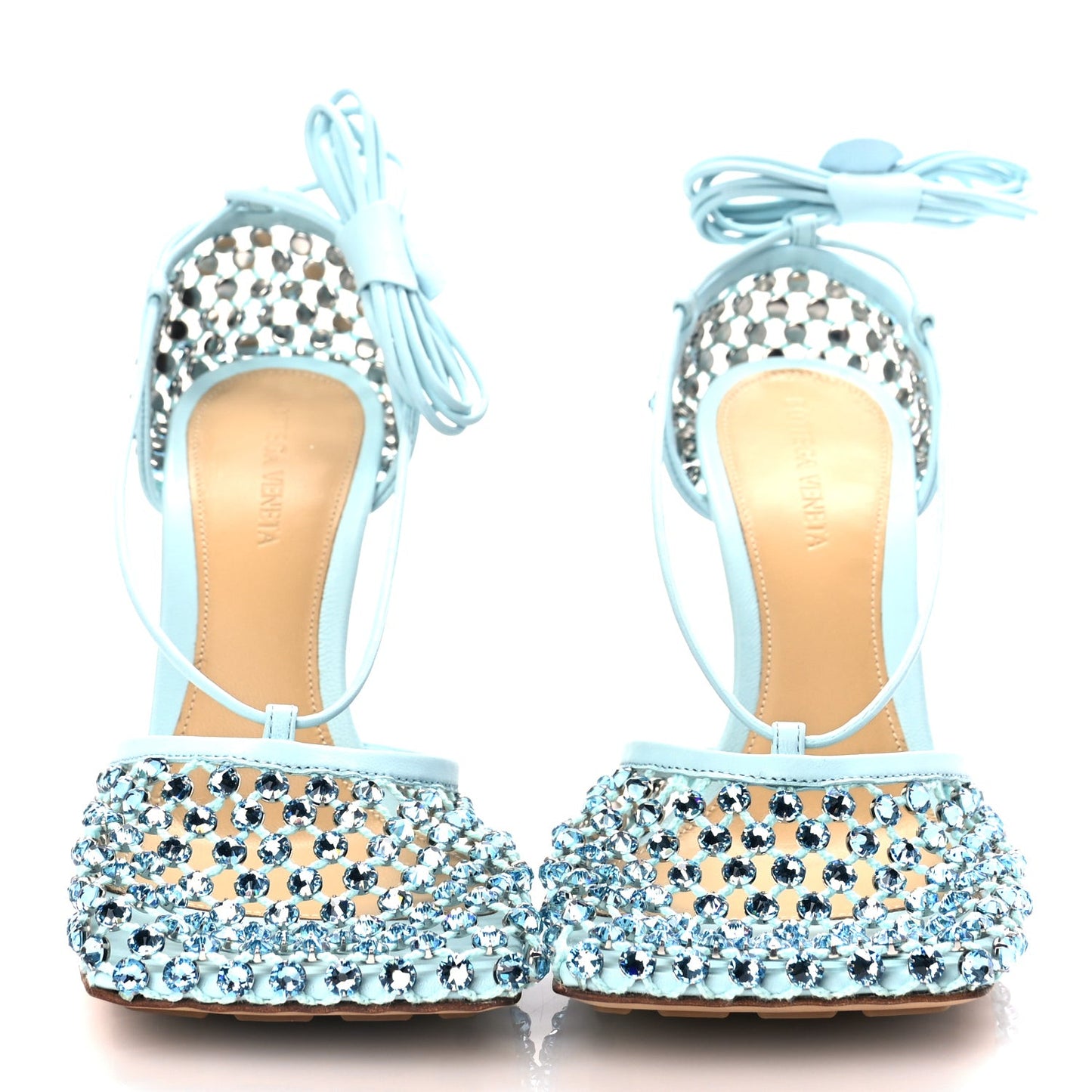 Mesh Nappa Crystal Embellished Sparkle Stretch Ankle Tie Sandals Pale Blue