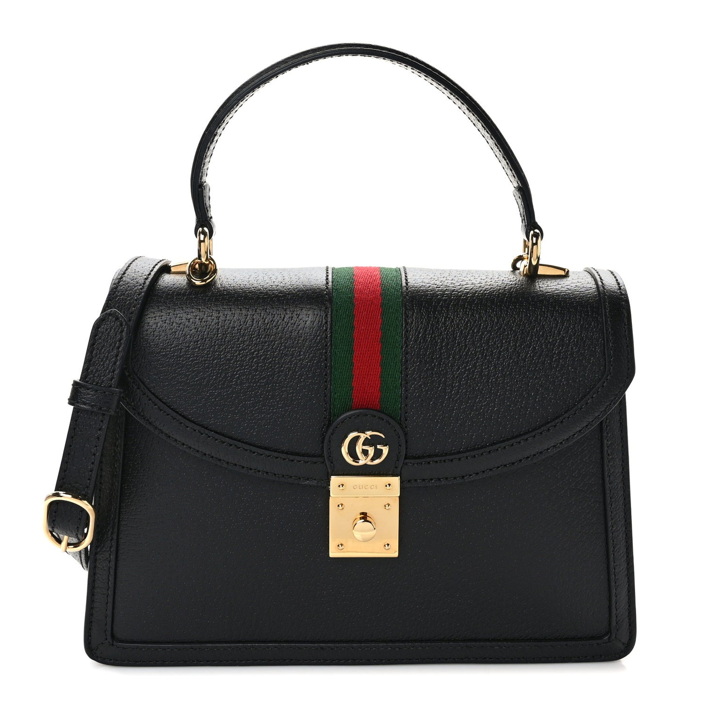 Textured Dollar Calfskin Web Small Ophidia Padlock Top Handle Bag Black