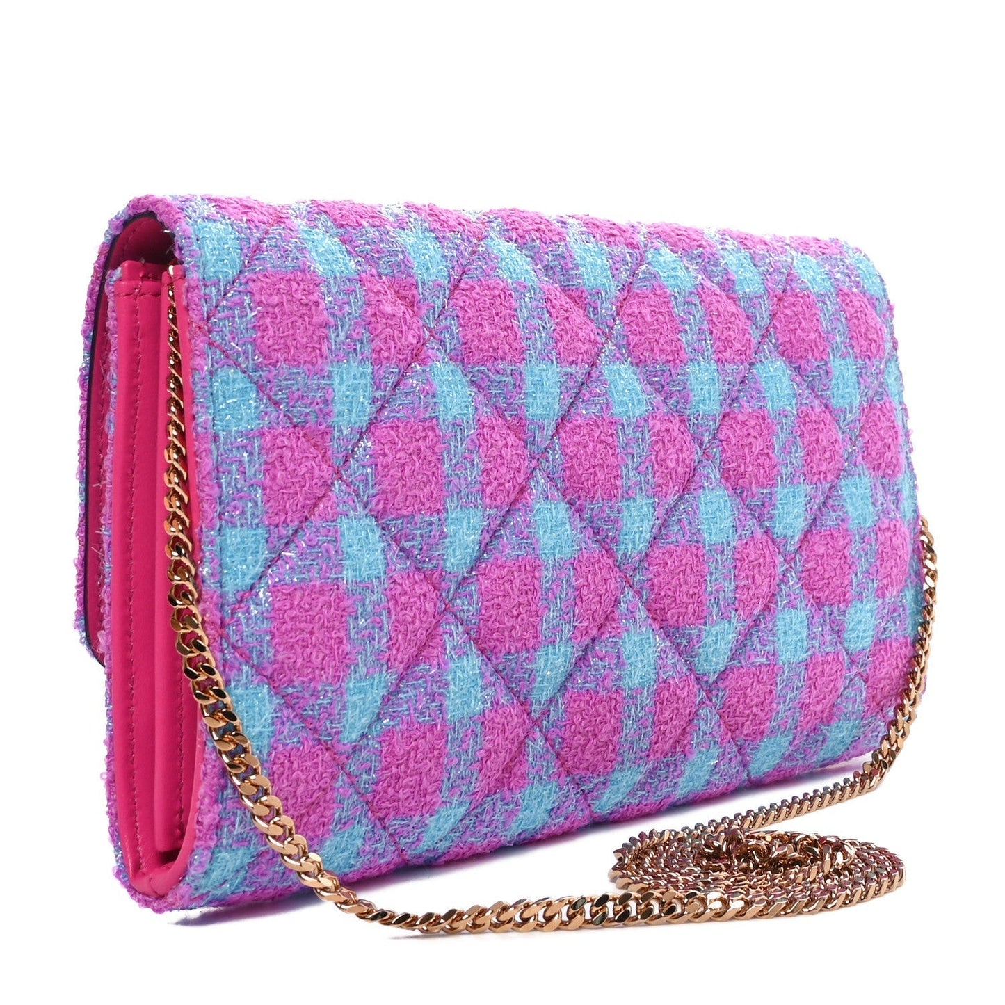 Tweed Quilted Medusa Wallet on Chain Crossbody Pink Blue