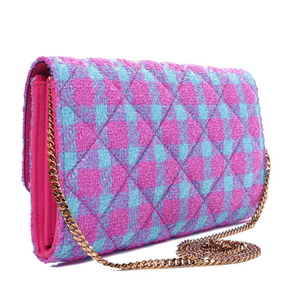Versace Tweed Quilted Medusa Wallet on Chain Crossbody Pink Blue 3 of 7