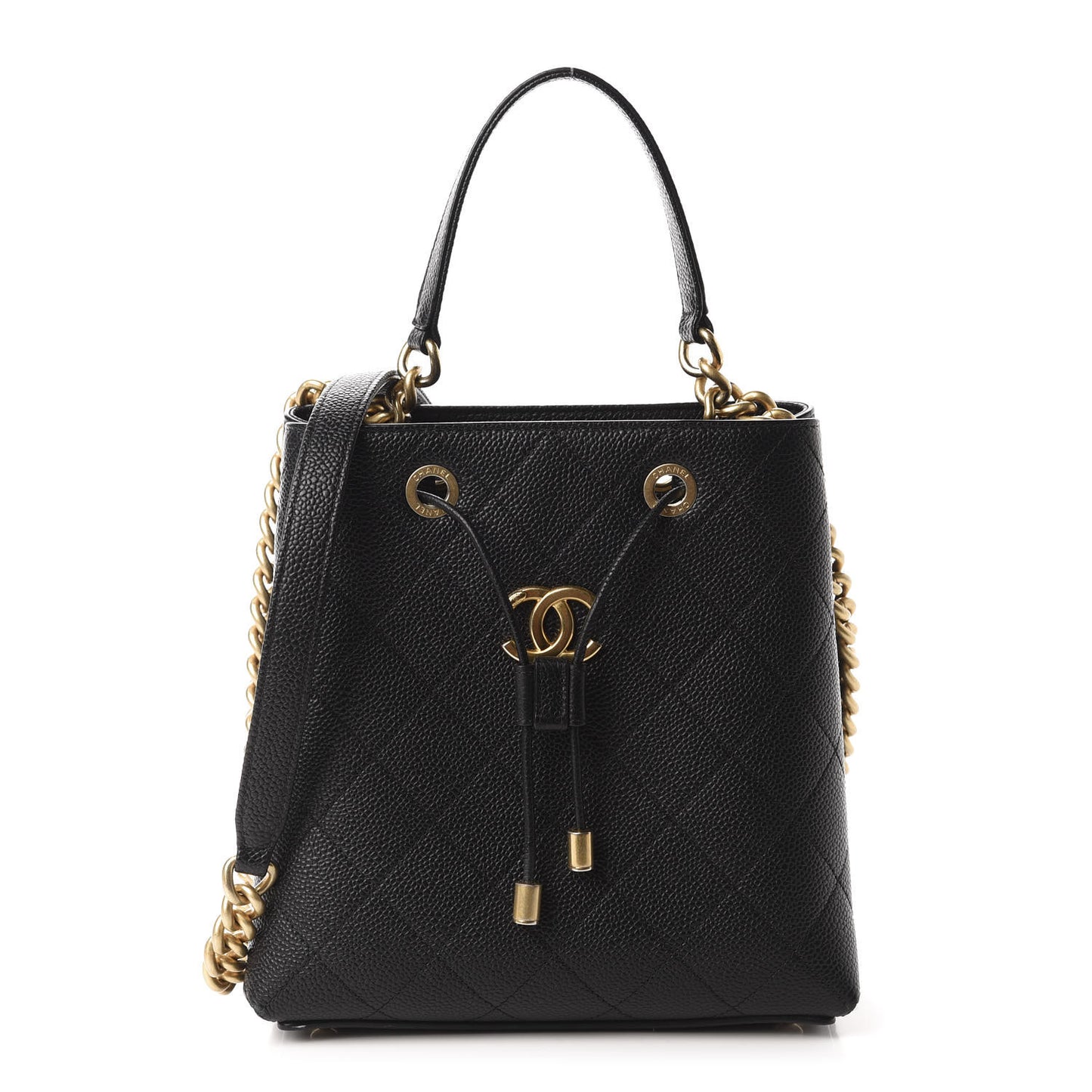 Grained Calfskin Stitched Small Drawstring Bag Black