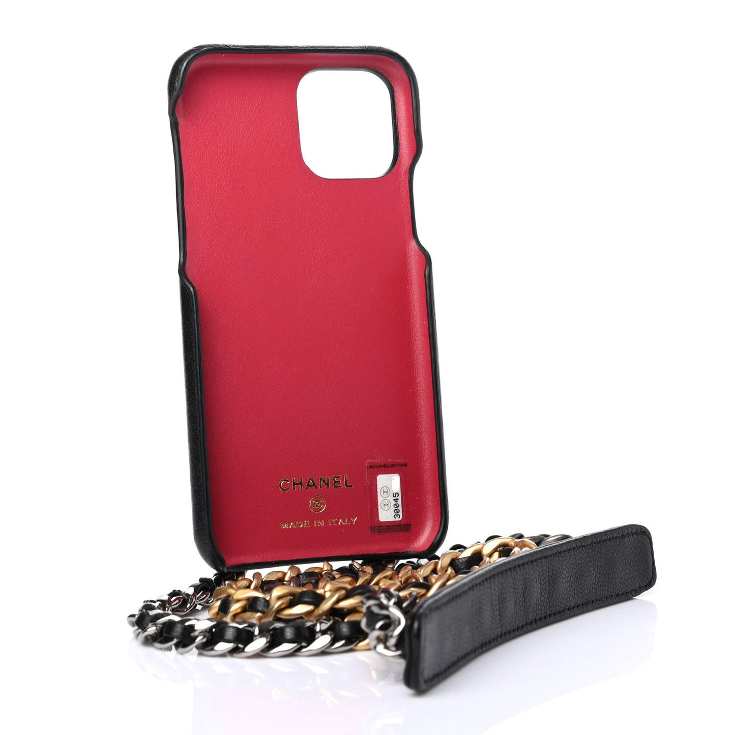 Shiny Goatskin Quilted 19 iPhone XI Pro Holder With Chain Black