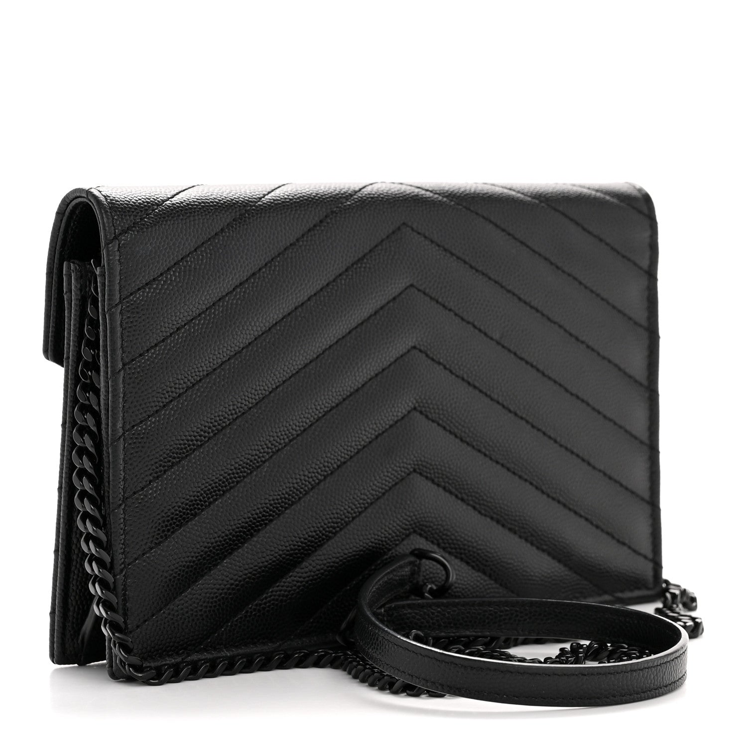 Saint Laurent Grain De Poudre Matelasse Chevron Monogram Monochrome Envelope Chain Wallet Black 3 of 13
