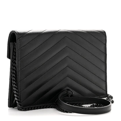 Saint Laurent Grain De Poudre Matelasse Chevron Monogram Monochrome Envelope Chain Wallet Black 3 of 13