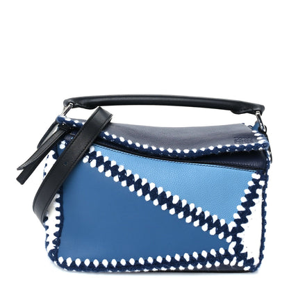 Loewe Calfskin Crochet Trim Small Puzzle Bag Blue White 1 of 8