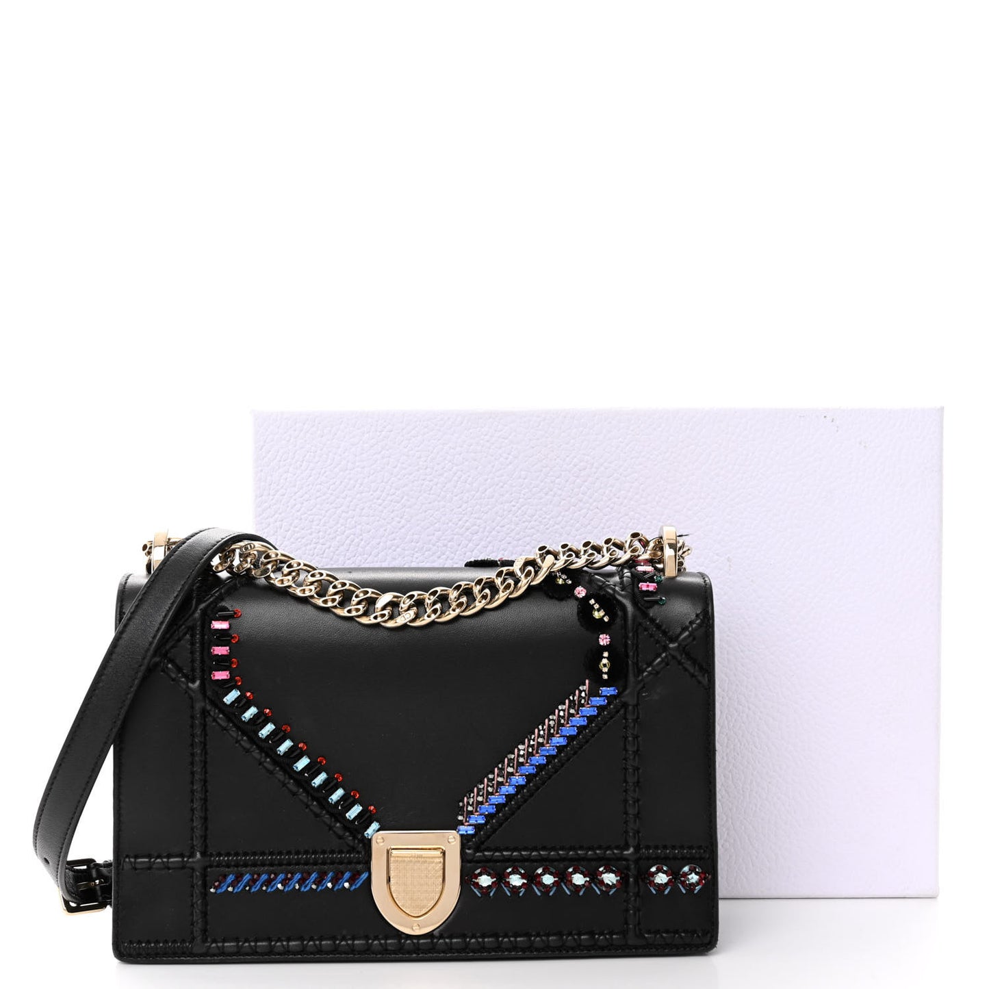 Calfskin Crystal Embroidered Medium Diorama Flap Bag Black