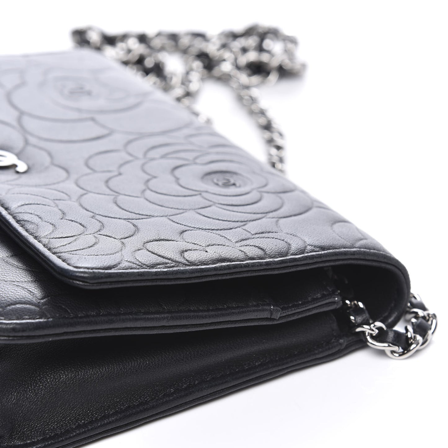 Lambskin Camellia Embossed Wallet on Chain WOC Black