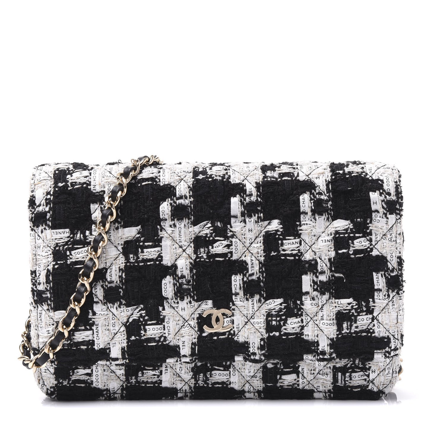 Tweed Quilted Wallet On Chain WOC Black Ecru White