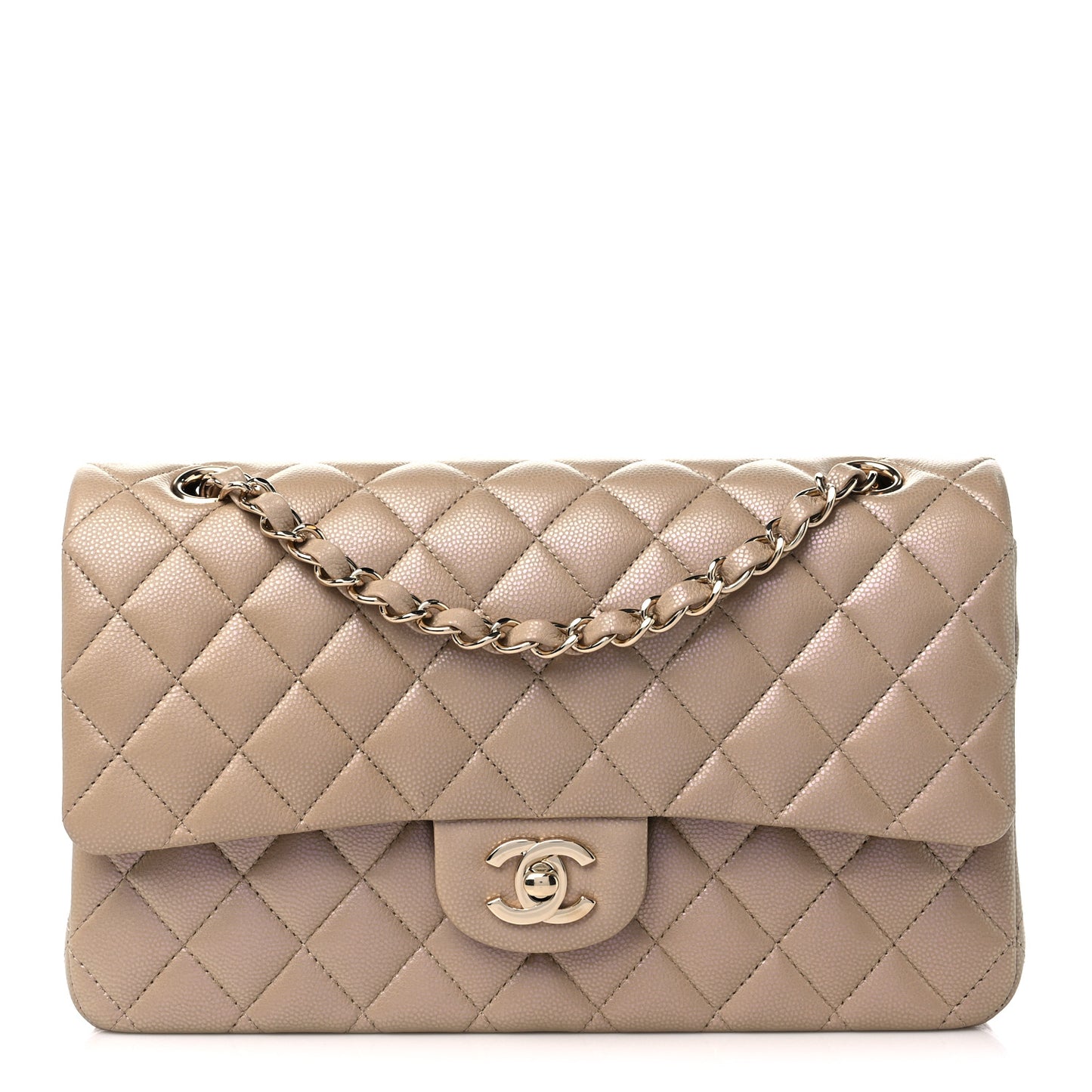 Iridescent Caviar Quilted Medium Double Flap Dark Beige