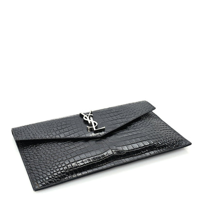 Saint Laurent Calfskin Crocodile Embossed Uptown Monogram Pouch Black 5 of 7