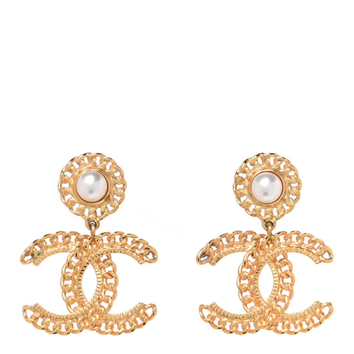 Metal Pearl CC Chain Drop Earrings Gold