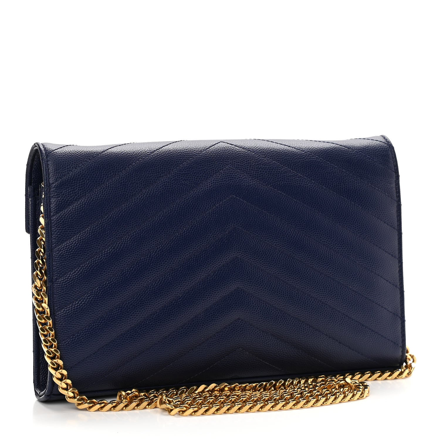 Saint Laurent Grain De Poudre Matelasse Chevron Monogram Chain Wallet Navy 2 of 11