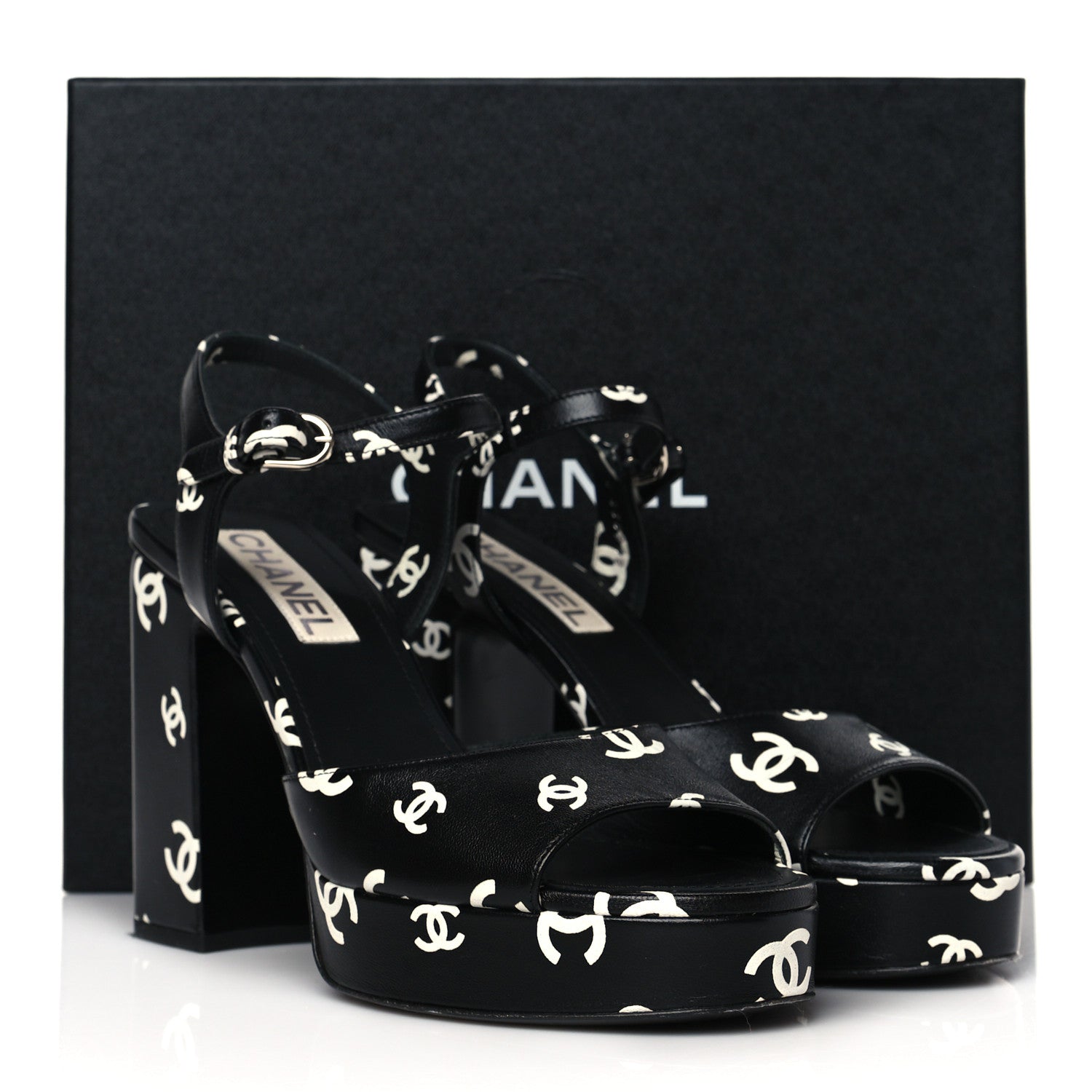 Chanel Printed Lambskin CC Platform Sandals 41 Black White 16 of 16