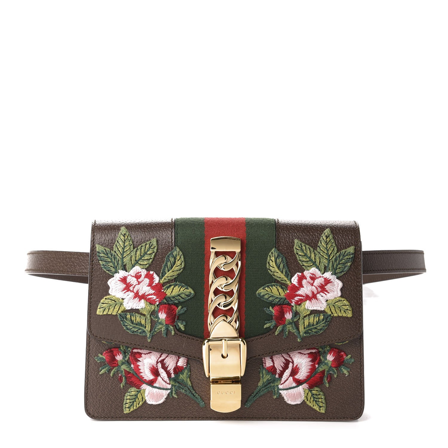 Gucci Calfskin Embroidered Sylvie Belt Bag 85 34 Brown 1 of 11