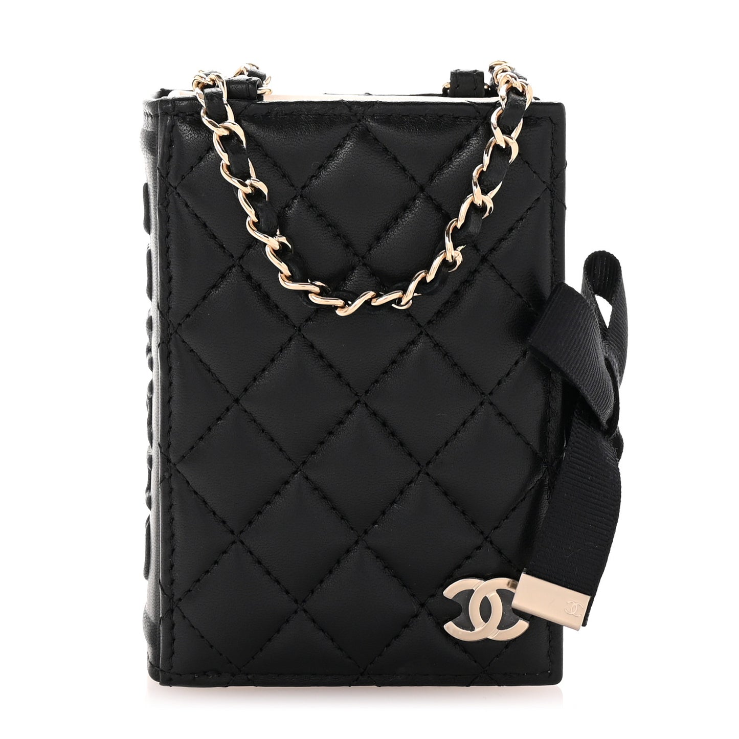 Lambskin Quilted Book Card Holder on Chain Black