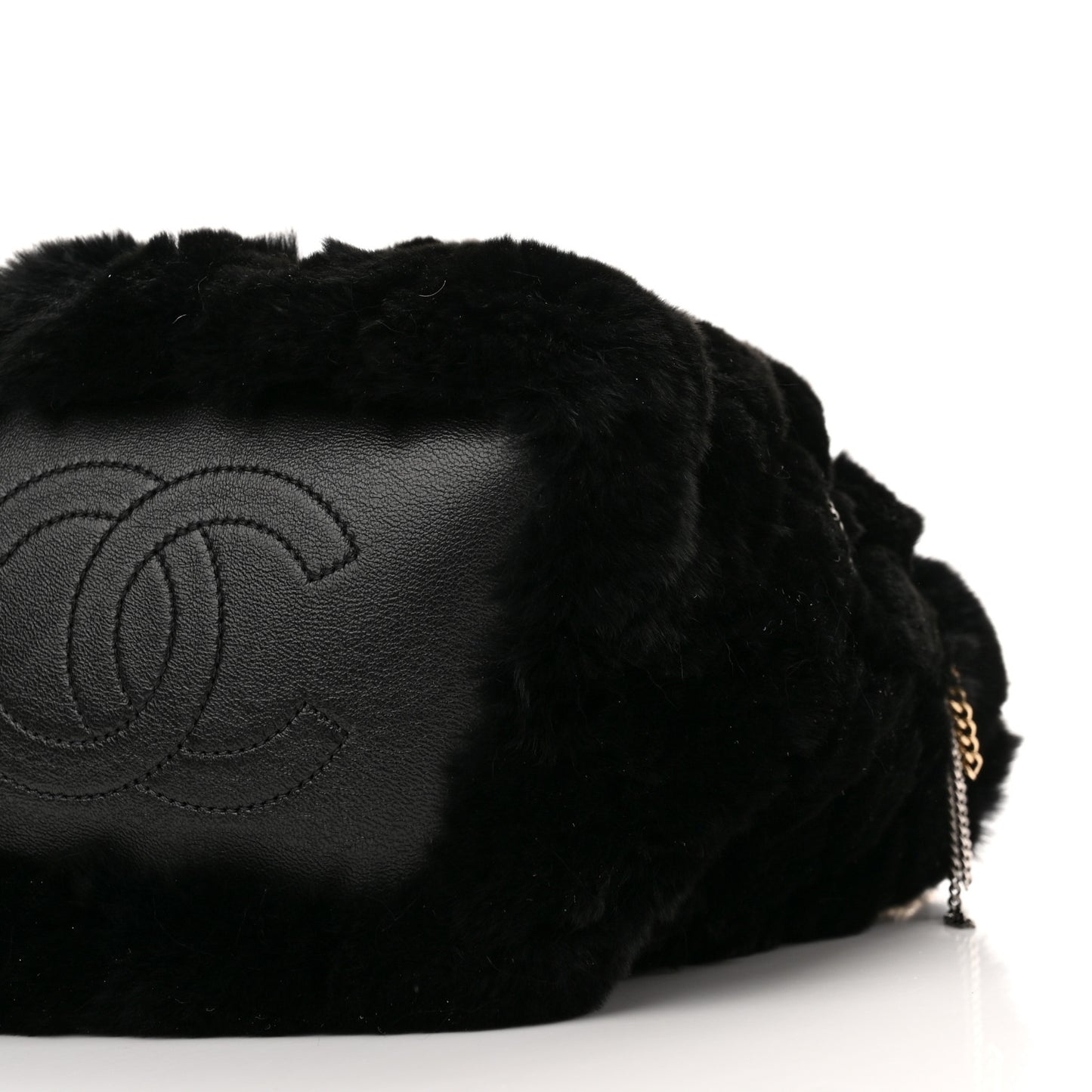 Fur Chain Drawstring Bucket Bag Black