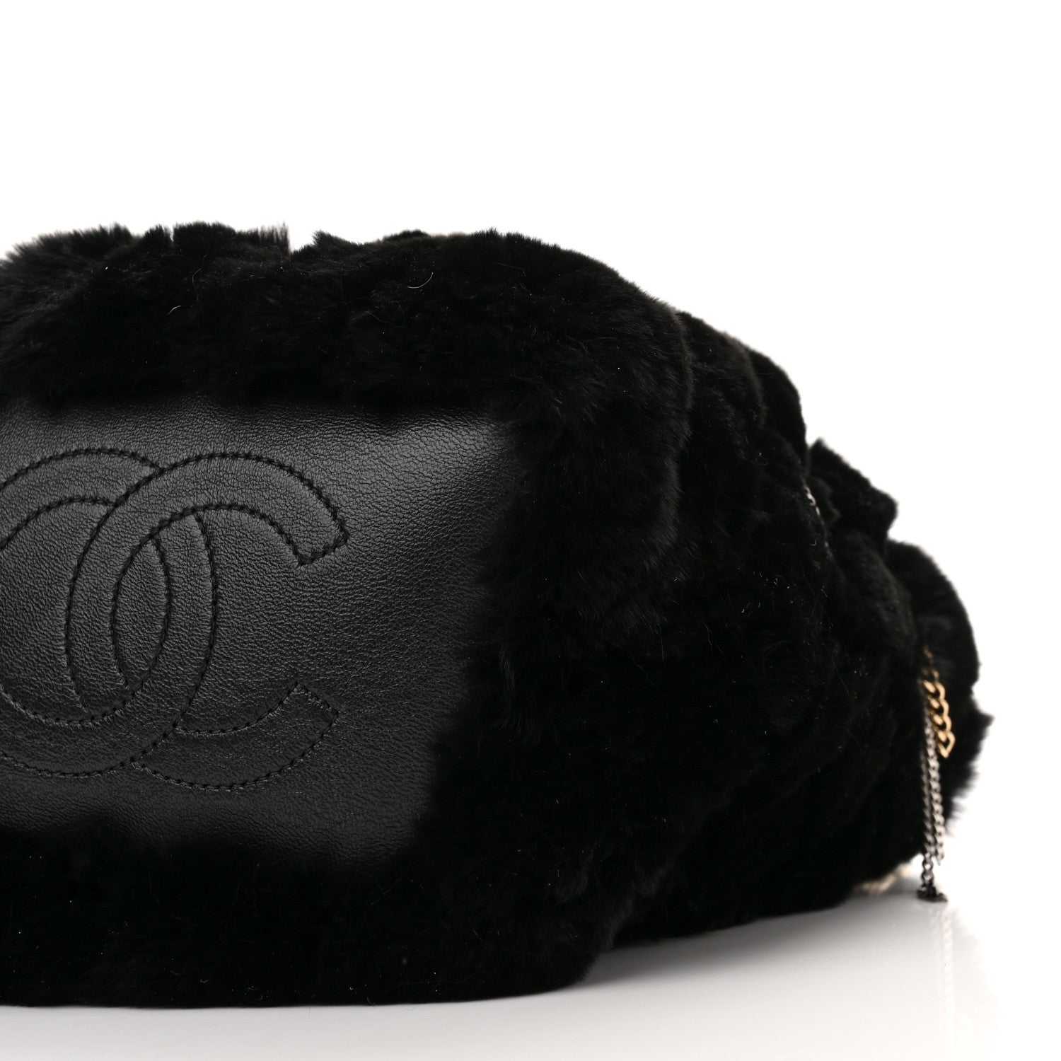 Chanel Fur Chain Drawstring Bucket Bag Black 10 of 11