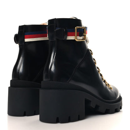 Gucci Calfskin Sylvie Web Lace Up Combat Boots 35 Black 5 of 7