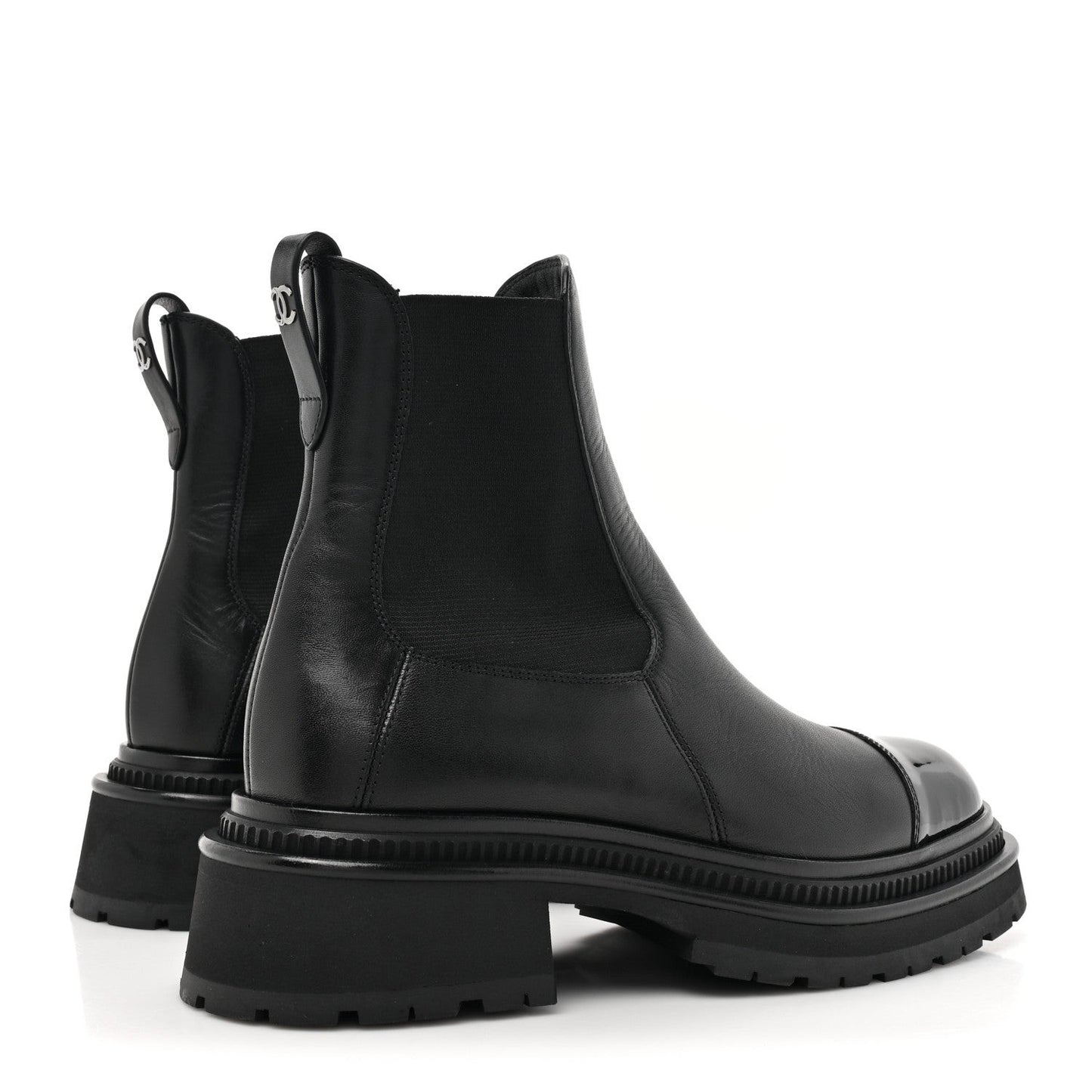 Calfskin Patent Cap Toe Ankle Boots 37.5 Black