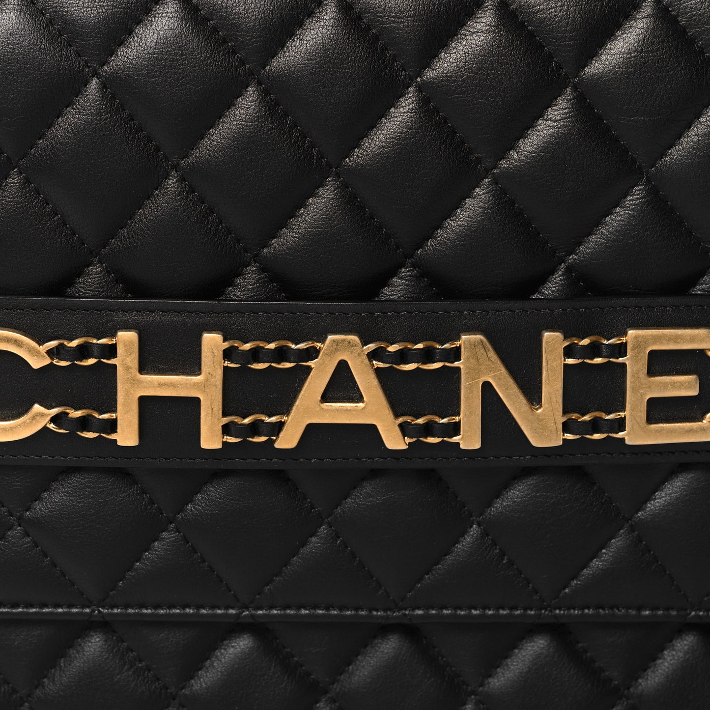 Calfskin Quilted Front Logo Enchained Clutch Black