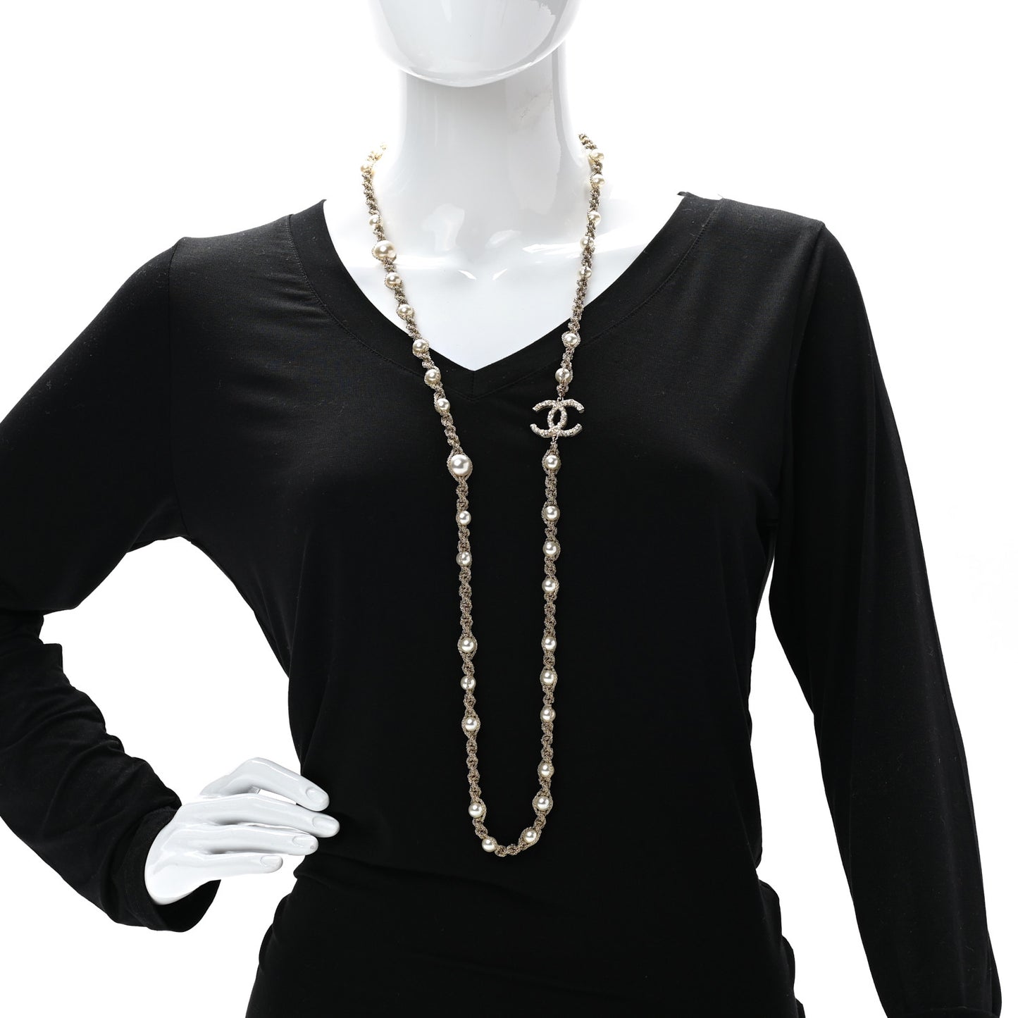 Pearl Crystal CC Chain Long Necklace Gold