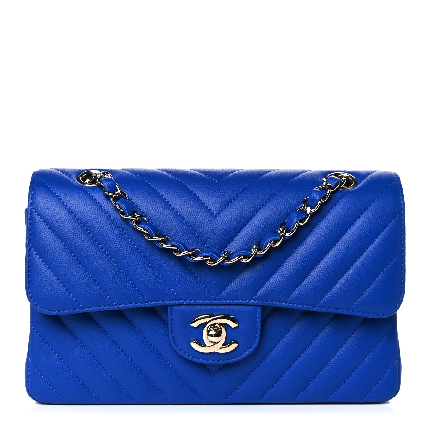 Caviar Chevron Quilted Small Double Flap Blue