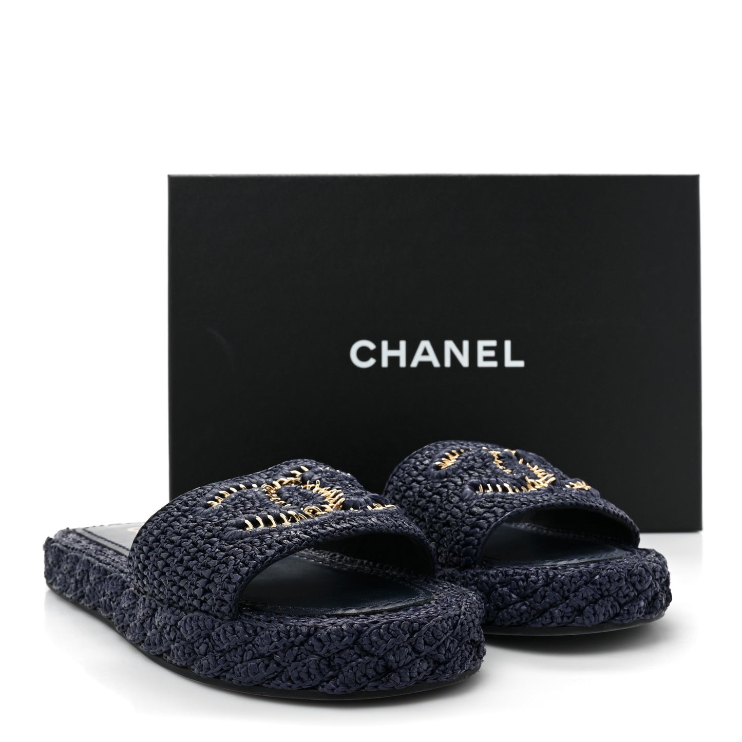 Braided Cord CC Espadrille Slip On Sandals 37 Navy Blue