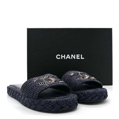Chanel Braided Cord CC Espadrille Slip On Sandals 37 Navy Blue 9 of 9