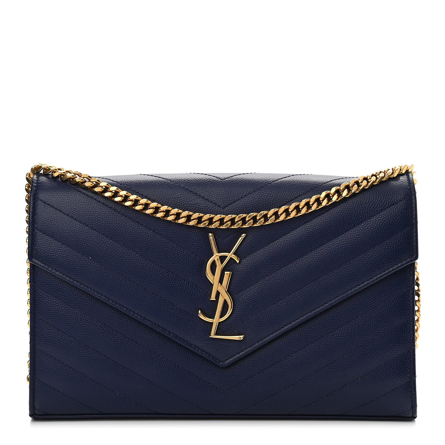Saint Laurent Grain De Poudre Matelasse Chevron Monogram Chain Wallet Navy 1 of 11