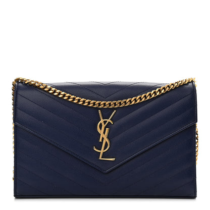 Saint Laurent Grain De Poudre Matelasse Chevron Monogram Chain Wallet Navy 1 of 11