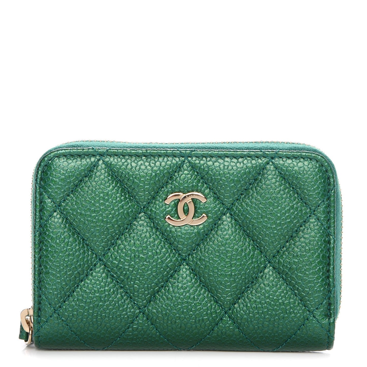 Metallic Caviar Quilted Zip Coin Purse Green