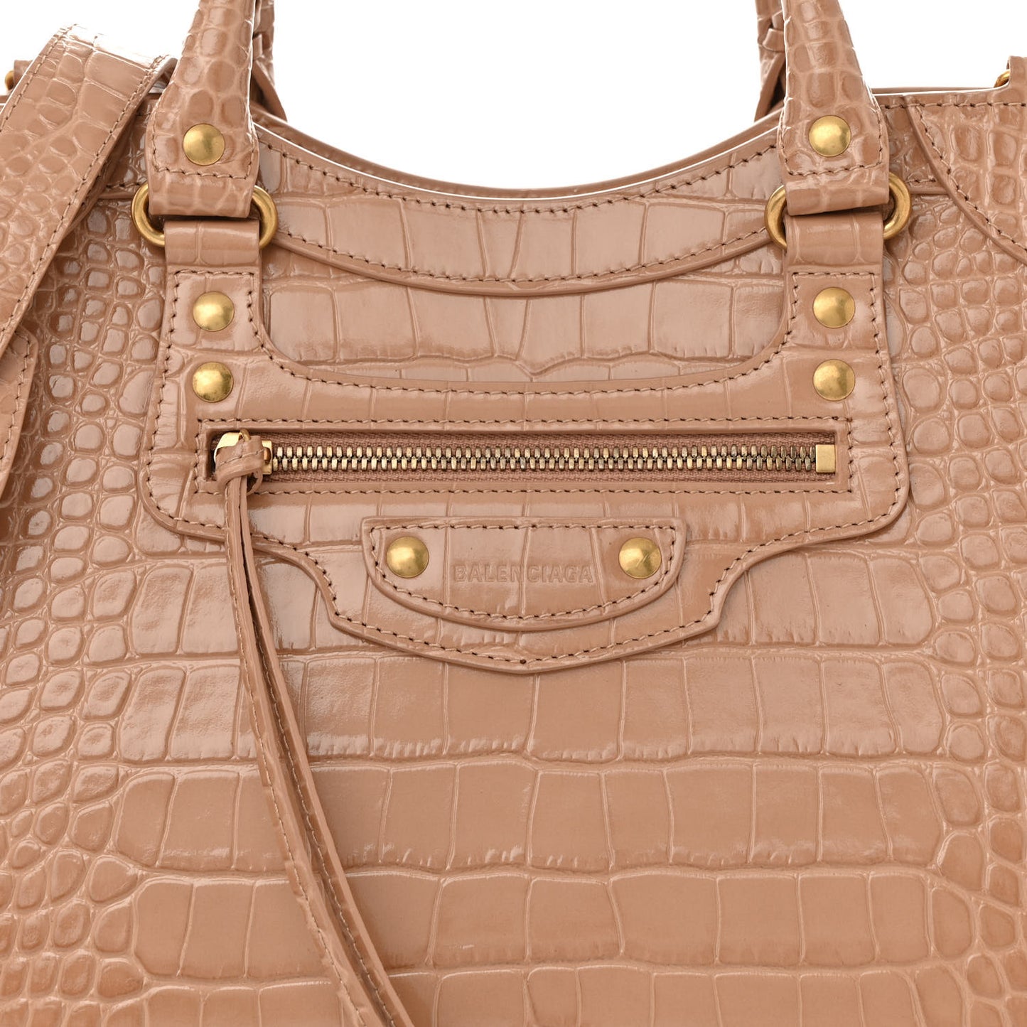 Shiny Supple Calfskin Crocodile Embossed Neo Classic Gold Hardware City Nude Beige