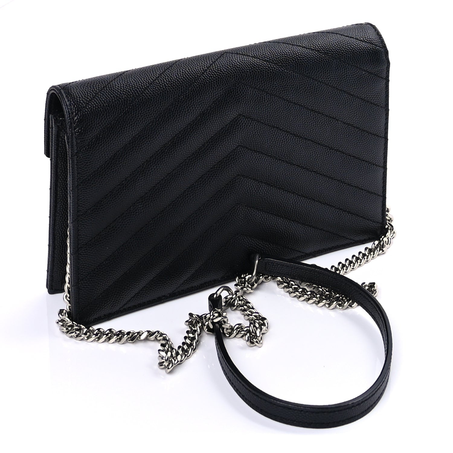 Saint Laurent Grain De Poudre Matelasse Chevron Monogram Envelope Chain Wallet Black 2 of 8