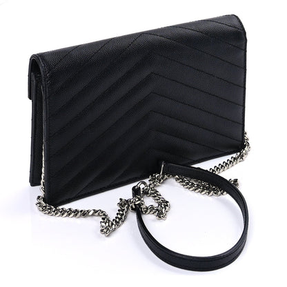 Saint Laurent Grain De Poudre Matelasse Chevron Monogram Envelope Chain Wallet Black 2 of 8
