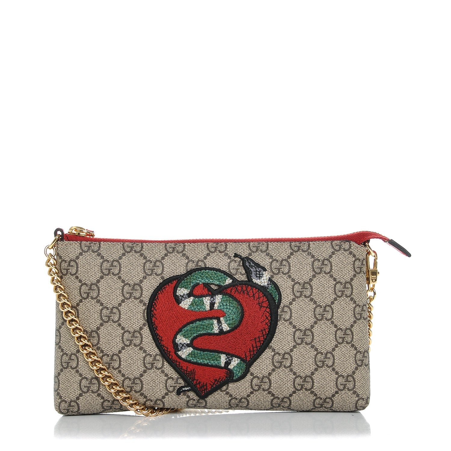 Gucci GG Supreme Monogram Kingsnake Heart Embroidered Chain Wrist Wallet Red 1 of 6