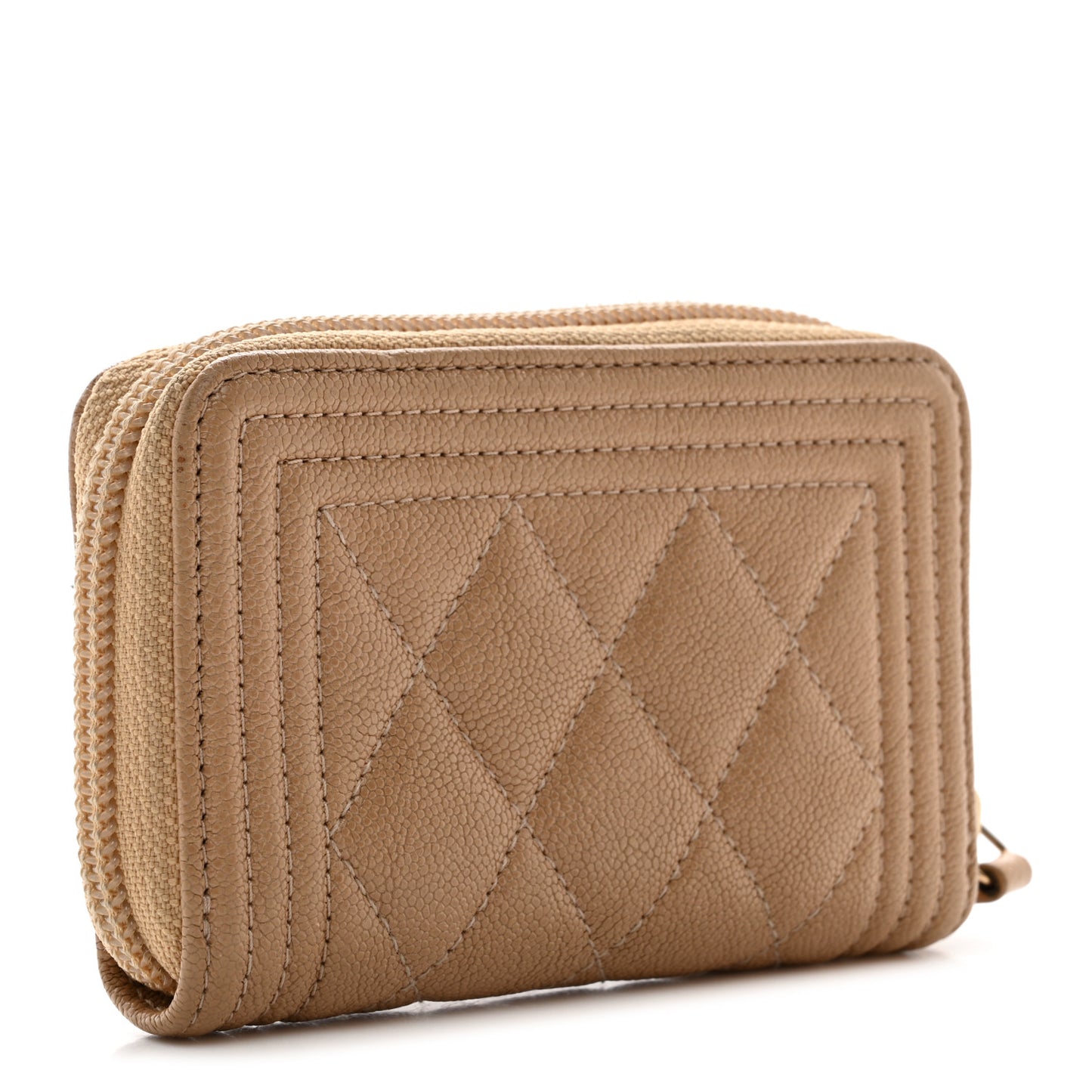 Caviar Quilted Boy Zip Around Coin Purse Wallet Beige