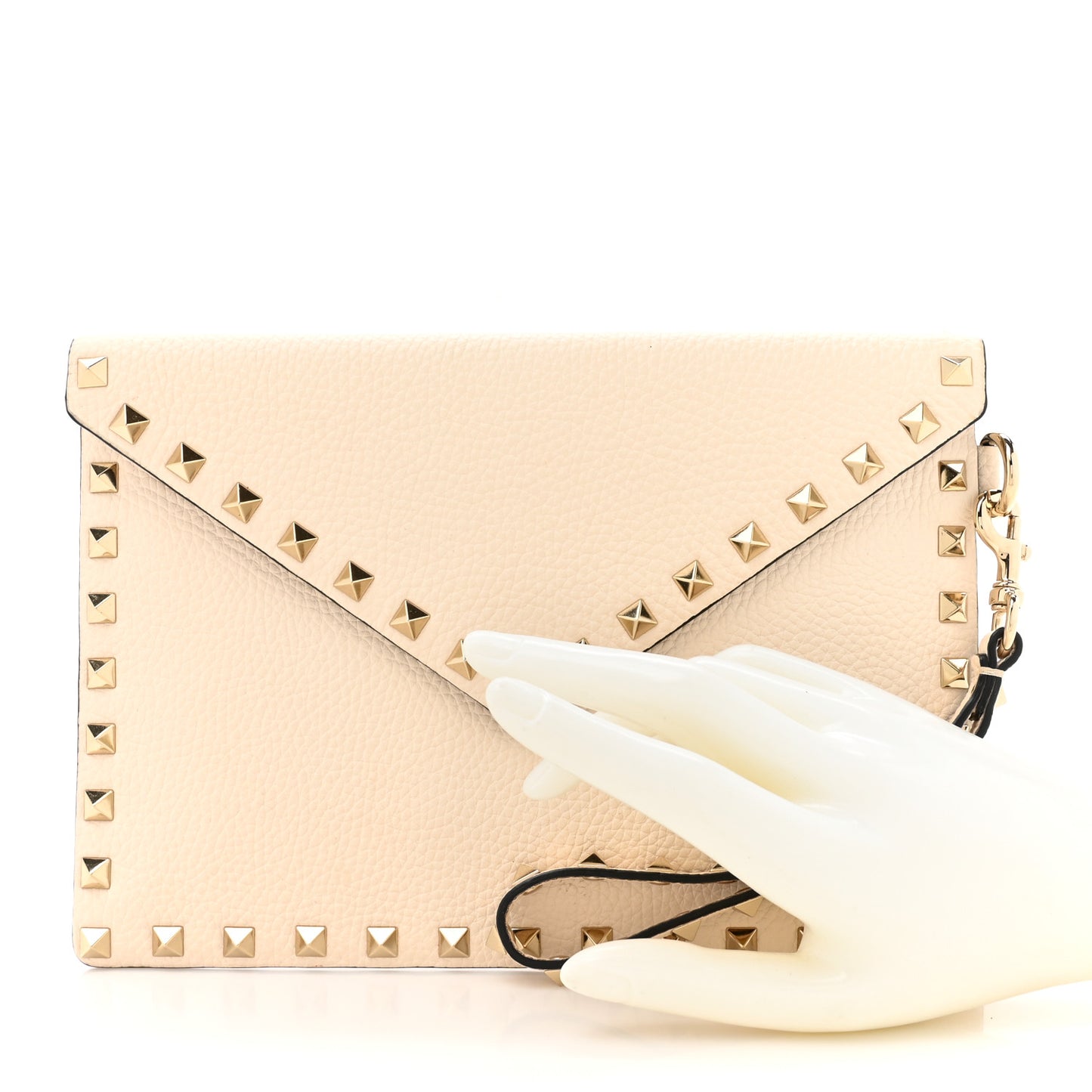 Pebbled Calfskin Medium Rockstud Envelope Flat Wristlet Pouch Ivory