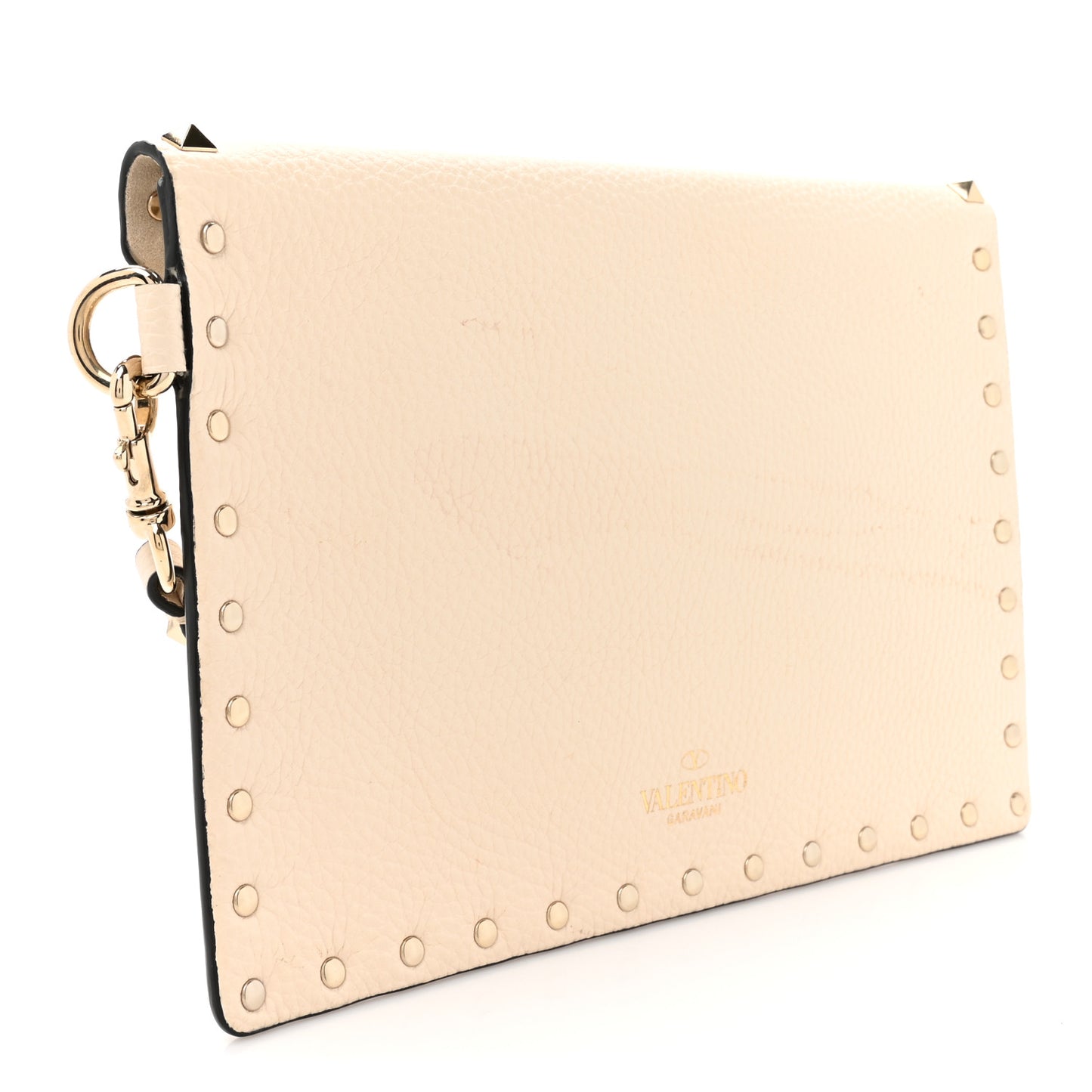 Pebbled Calfskin Medium Rockstud Envelope Flat Wristlet Pouch Ivory