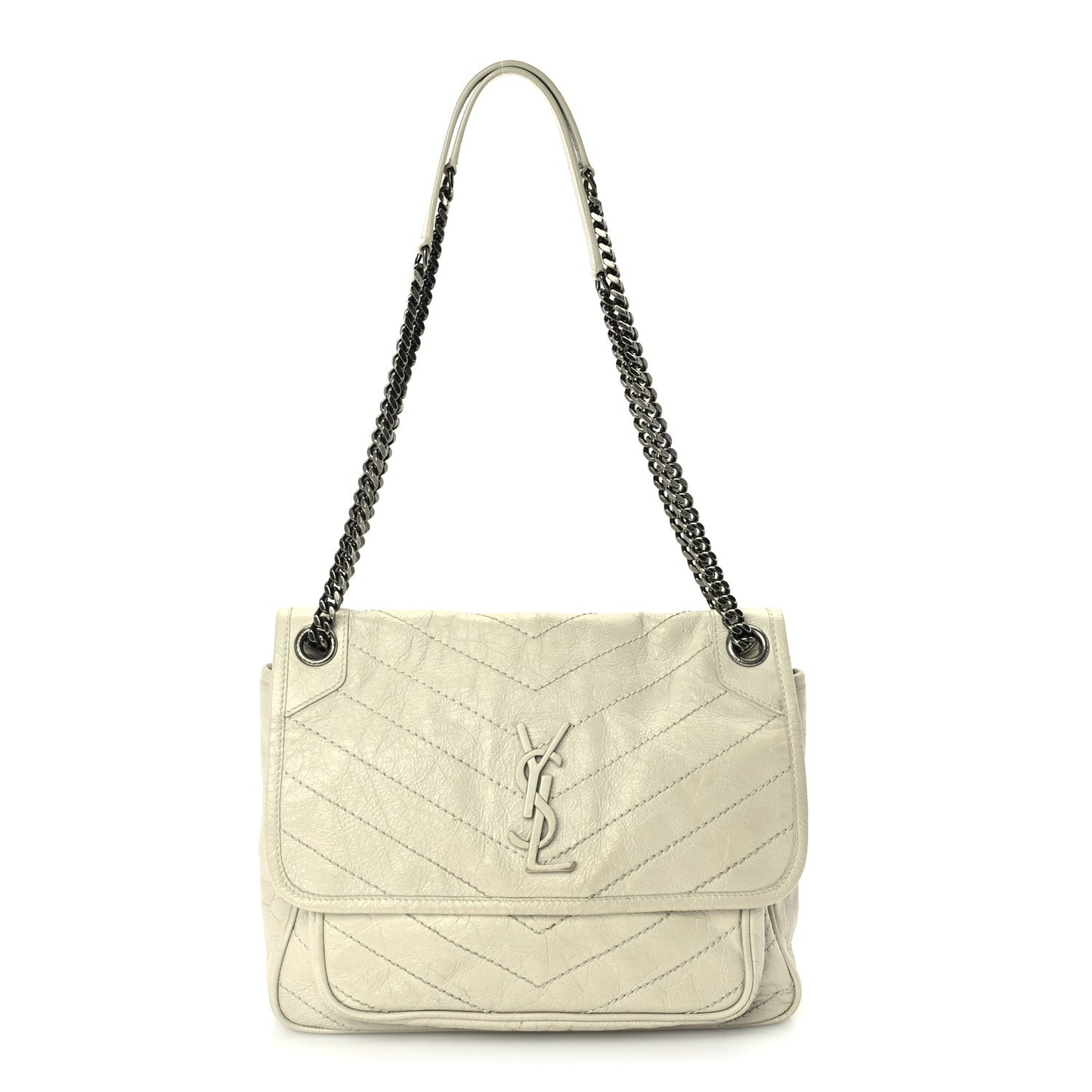 Crinkled Calfskin Matelasse Monogram Medium Niki Chain Satchel Crema Soft