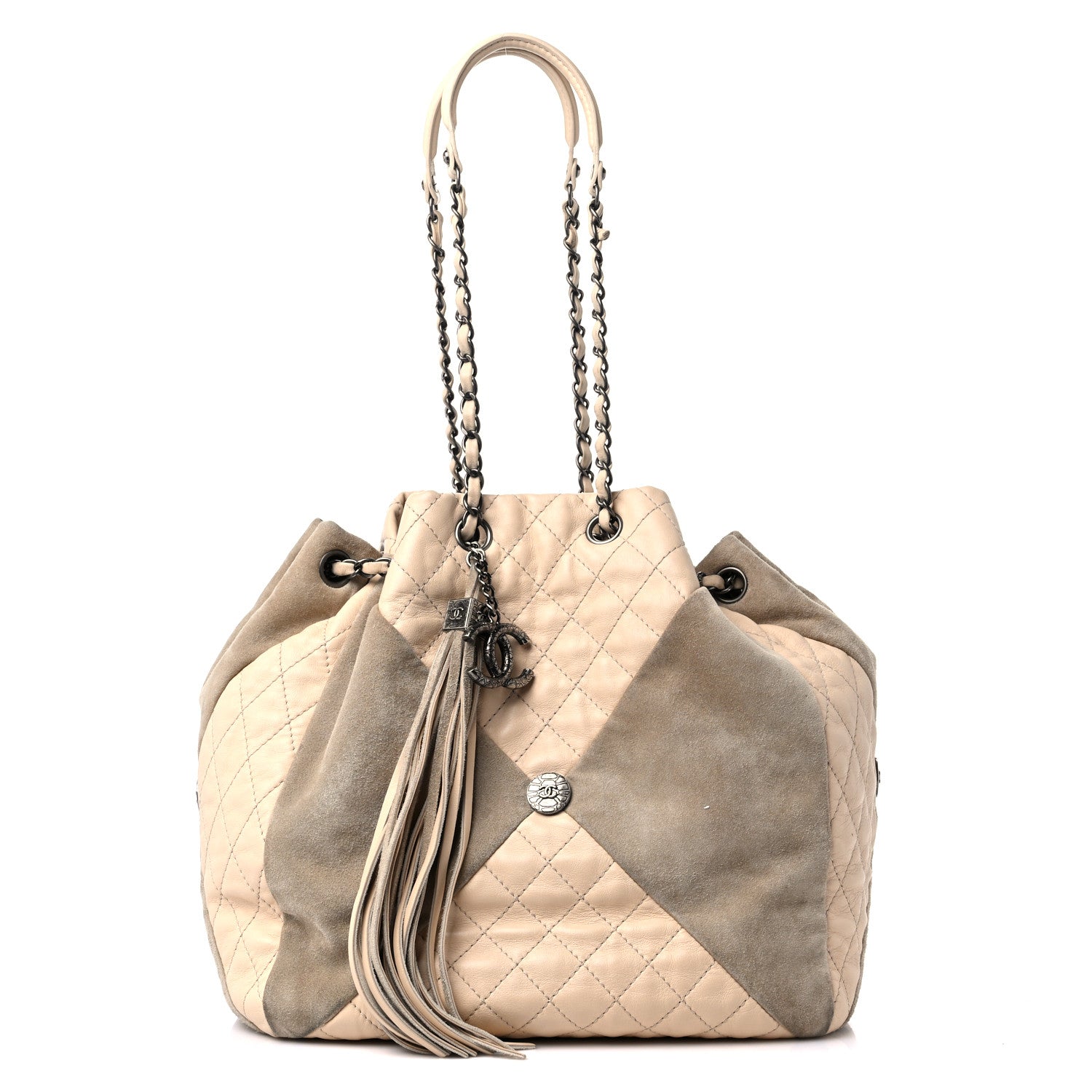 Chanel Calfskin Suede Quilted Patchwork Drawstring Bag Beige 1 of 17