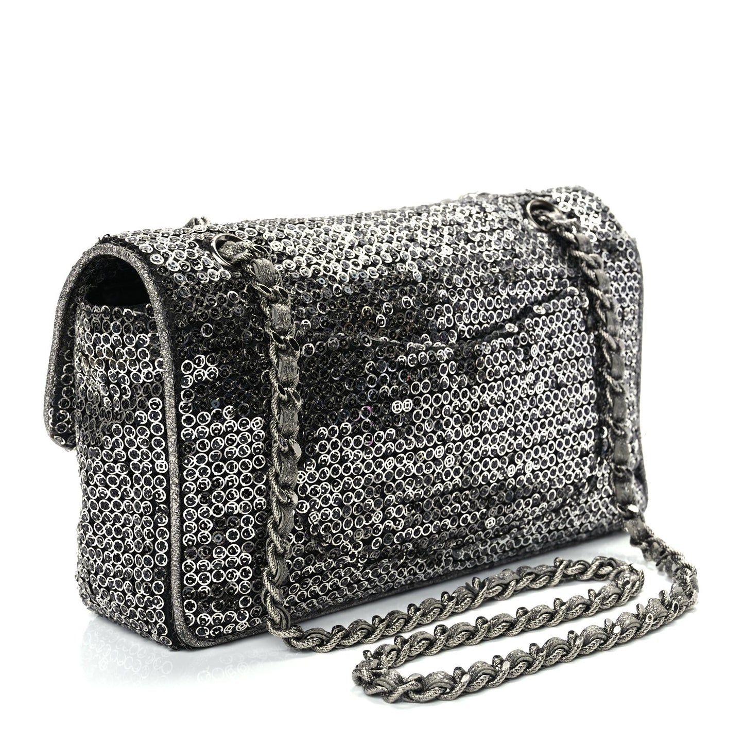 Sequin Medium Single Flap Dark Silver