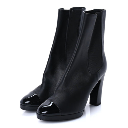 Chanel Lambskin Patent Cap Toe Pearl CC Ankle Boots 37.5 Black 2 of 7