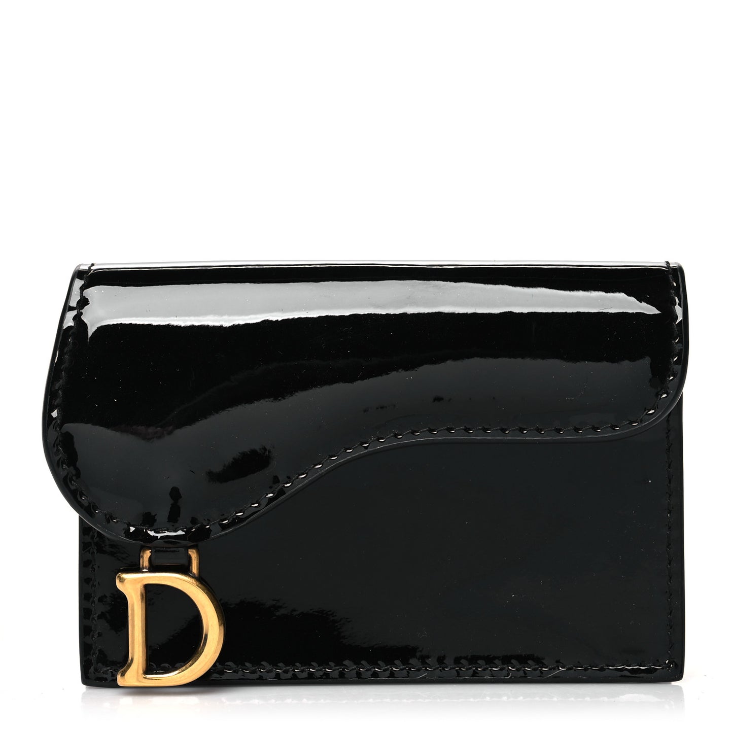 Patent Calfskin Saddle Card Holder Black